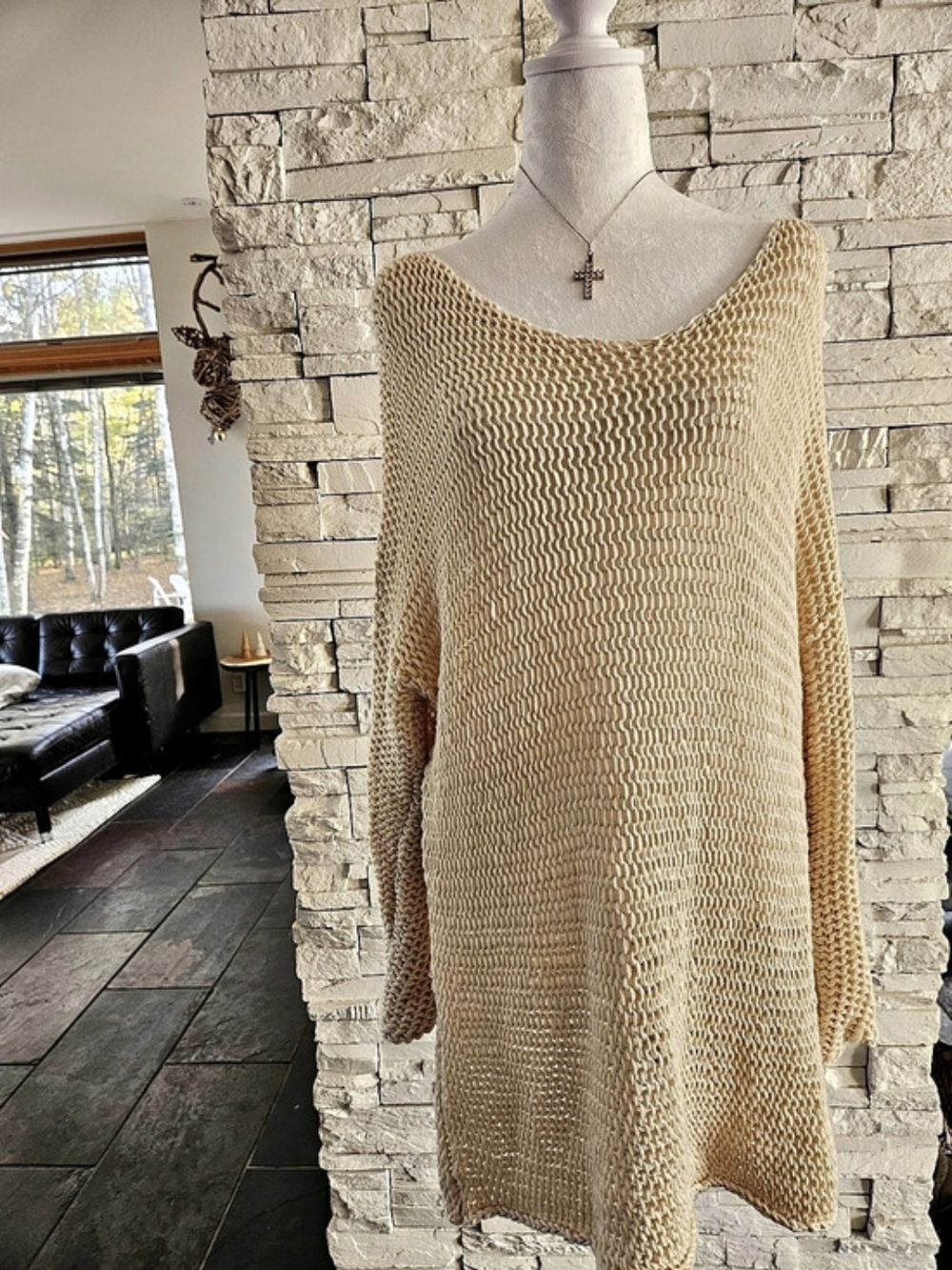 Tan Open Knit Scoop Neck Sweater